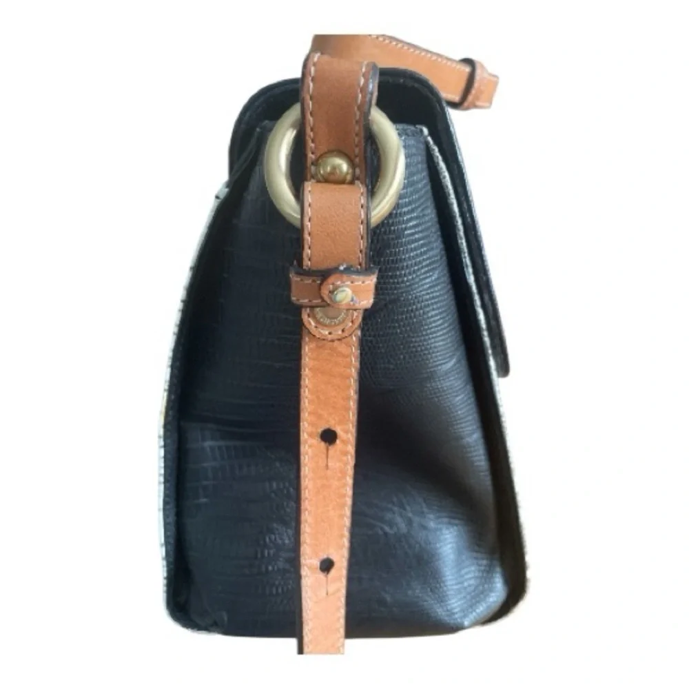 Brahmin Oxford Flap Natural Bernini Black/White Embossed Leather Crossbody Bag